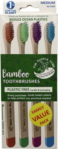 The Turtle Tribe Bamboo Toothbrush, MEDIUM, all ages 4Pack